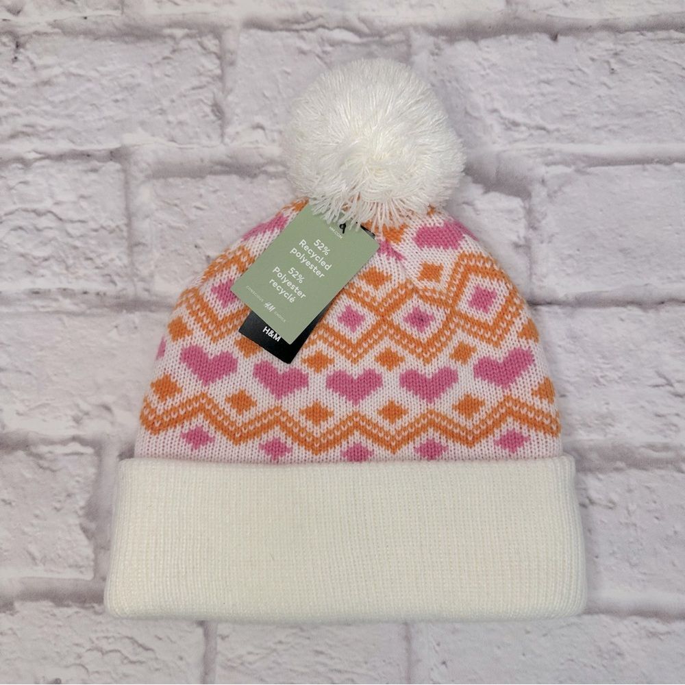 H&M Beanie Pom Stretch Nordic Heart Preppy Pink Orange Stretchy Ribbed Knit Hat